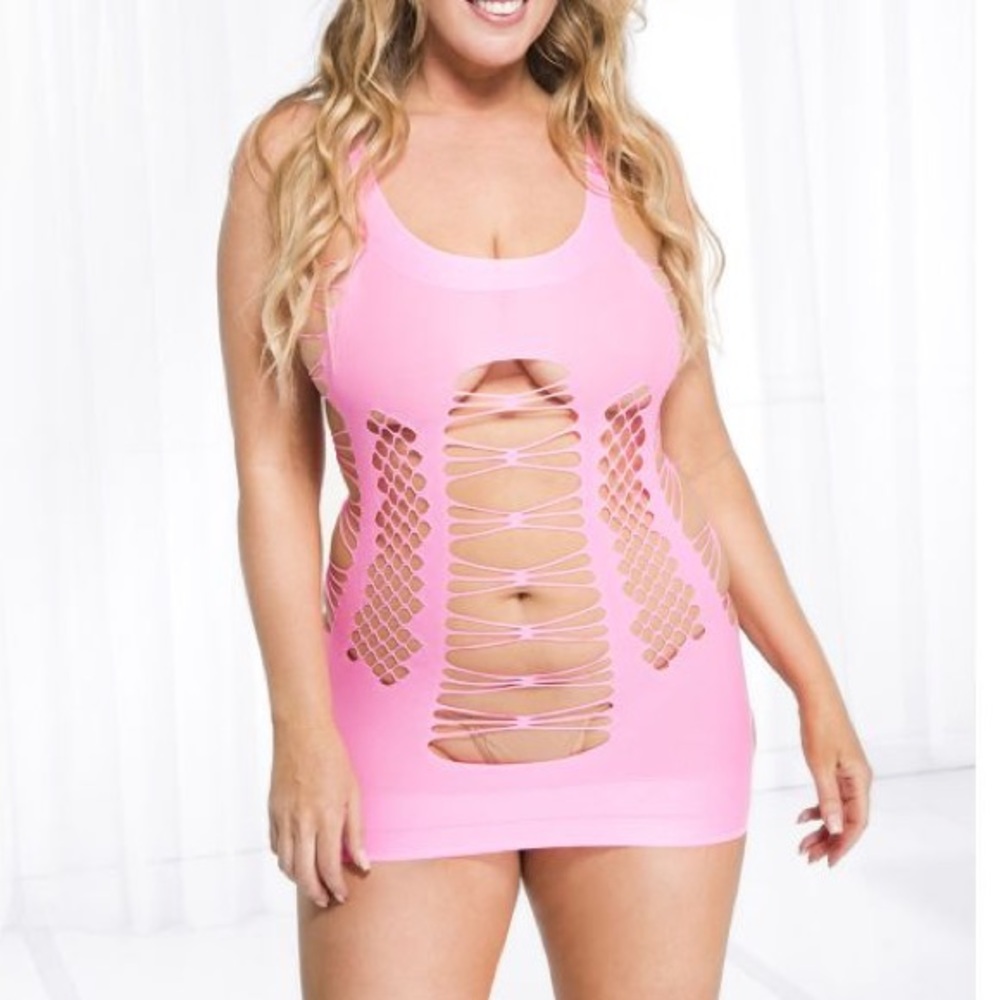 In Pkg Fishnet Cut Out Strappy Bodystocking Mini Dress Beach Cover Up Lingerie